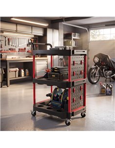 HOMCOM 3-Tier Rolling Tool Cart with Pegboard and Hooks, Storage Trolley Wheel Cart with Brakes, Black & Red 2