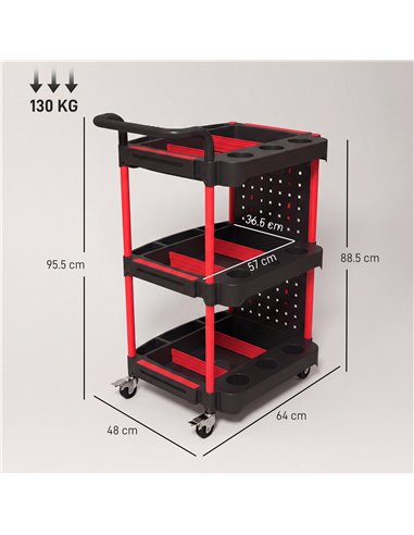HOMCOM 3-Tier Rolling Tool Cart with Pegboard and Hooks, Storage Trolley Wheel Cart with Brakes, Black & Red