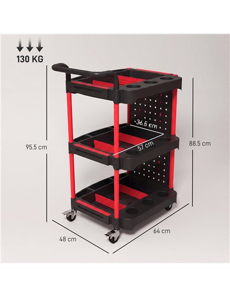 HOMCOM 3-Tier Rolling Tool Cart with Pegboard and Hooks, Storage Trolley Wheel Cart with Brakes, Black & Red - pic 212094 | FastDaddyshop