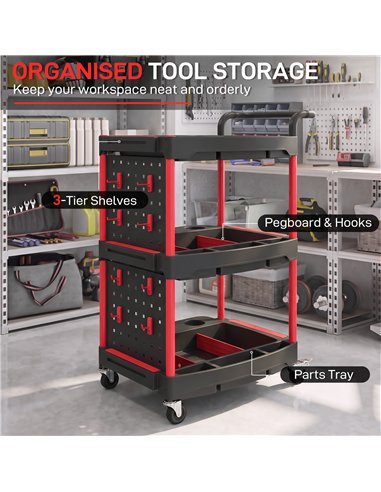 HOMCOM 3-Tier Rolling Tool Cart with Pegboard and Hooks, Storage Trolley Wheel Cart with Brakes, Black & Red