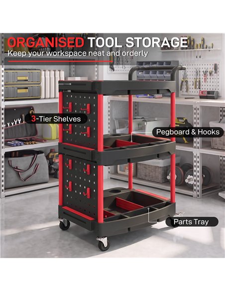 HOMCOM 3-Tier Rolling Tool Cart with Pegboard and Hooks, Storage Trolley Wheel Cart with Brakes, Black & Red - pic 212095 | FastDaddyshop