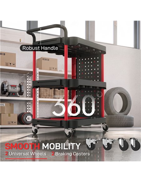 HOMCOM 3-Tier Rolling Tool Cart with Pegboard and Hooks, Storage Trolley Wheel Cart with Brakes, Black & Red - pic 212096 | FastDaddyshop