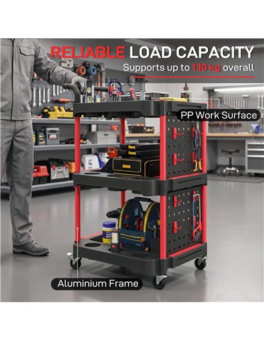 HOMCOM 3-Tier Rolling Tool Cart with Pegboard and Hooks, Storage Trolley Wheel Cart with Brakes, Black & Red