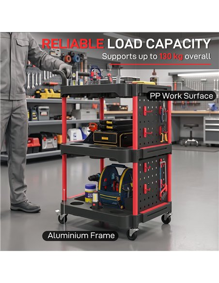 HOMCOM 3-Tier Rolling Tool Cart with Pegboard and Hooks, Storage Trolley Wheel Cart with Brakes, Black & Red - pic 212097 | FastDaddyshop