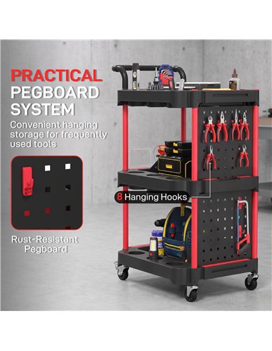 HOMCOM 3-Tier Rolling Tool Cart with Pegboard and Hooks, Storage Trolley Wheel Cart with Brakes, Black & Red