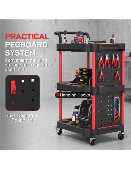 HOMCOM 3-Tier Rolling Tool Cart with Pegboard and Hooks, Storage Trolley Wheel Cart with Brakes, Black & Red - pic 212098 | FastDaddyshop