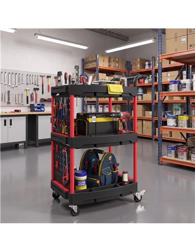 HOMCOM 3-Tier Rolling Tool Cart with Pegboard and Hooks, Storage Trolley Wheel Cart with Brakes, Black & Red