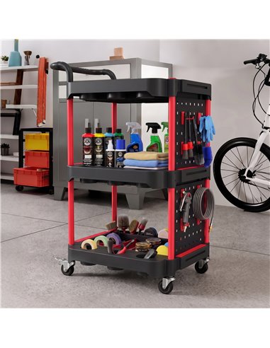 HOMCOM 3-Tier Rolling Tool Cart with Pegboard and Hooks, Storage Trolley Wheel Cart with Brakes, Black & Red