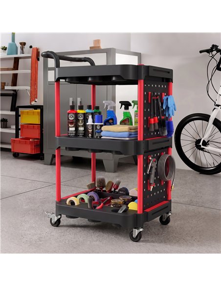 HOMCOM 3-Tier Rolling Tool Cart with Pegboard and Hooks, Storage Trolley Wheel Cart with Brakes, Black & Red - pic 212100 | FastDaddyshop