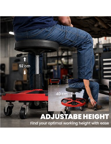 HOMCOM Rolling Mechanic Stool, 40-52 cm Height Adjustable Workshop Stool, 135kg 360° Swivel Roller Padded Creeper Seat, Black