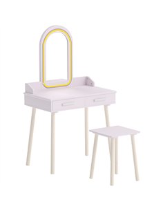 AIYAPLAY Kids Dressing Table, Girls Vanity Set with Stool, 3-Colour LED Lights Mirror, Large Drawer for Ages 3-8, Pink