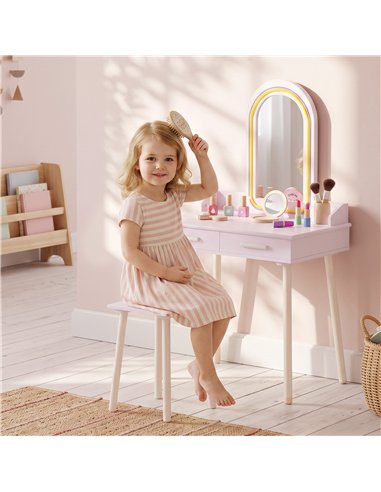 AIYAPLAY Kids Dressing Table, Girls Vanity Set with Stool, 3-Colour LED Lights Mirror, Large Drawer for Ages 3-8, Pink