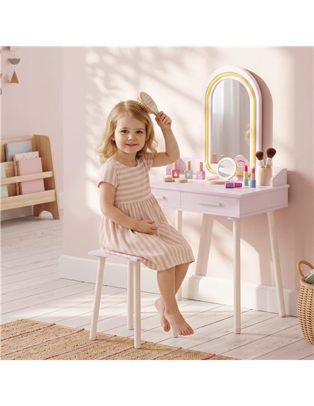 AIYAPLAY Kids Dressing Table, Girls Vanity Set with Stool, 3-Colour LED Lights Mirror, Large Drawer for Ages 3-8, Pink - pic 212111 | FastDaddyshop