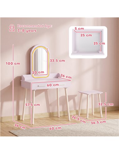 AIYAPLAY Kids Dressing Table, Girls Vanity Set with Stool, 3-Colour LED Lights Mirror, Large Drawer for Ages 3-8, Pink