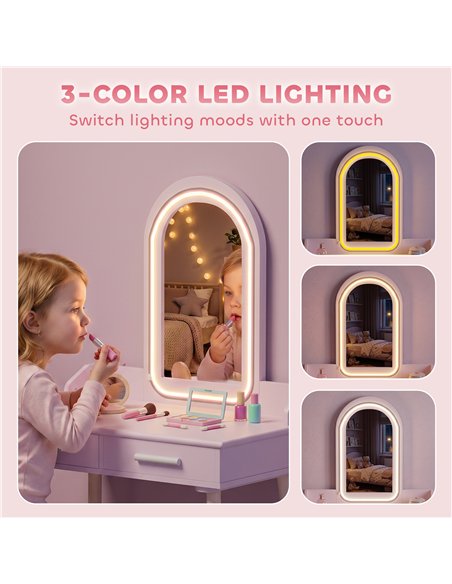 AIYAPLAY Kids Dressing Table, Girls Vanity Set with Stool, 3-Colour LED Lights Mirror, Large Drawer for Ages 3-8, Pink - pic 212113 | FastDaddyshop