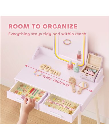AIYAPLAY Kids Dressing Table, Girls Vanity Set with Stool, 3-Colour LED Lights Mirror, Large Drawer for Ages 3-8, Pink