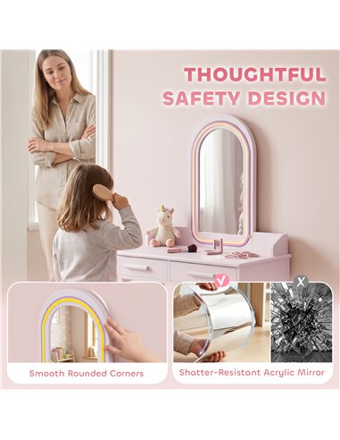 AIYAPLAY Kids Dressing Table, Girls Vanity Set with Stool, 3-Colour LED Lights Mirror, Large Drawer for Ages 3-8, Pink