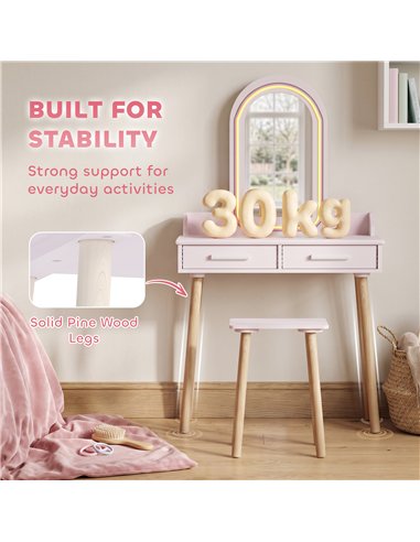AIYAPLAY Kids Dressing Table, Girls Vanity Set with Stool, 3-Colour LED Lights Mirror, Large Drawer for Ages 3-8, Pink