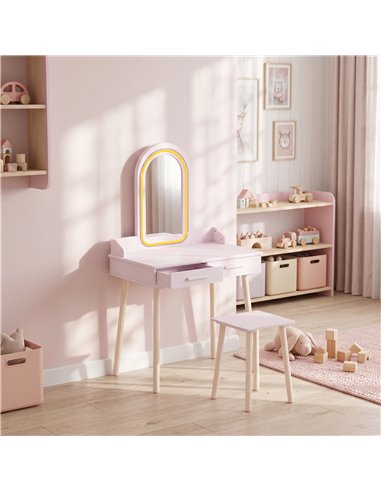 AIYAPLAY Kids Dressing Table, Girls Vanity Set with Stool, 3-Colour LED Lights Mirror, Large Drawer for Ages 3-8, Pink