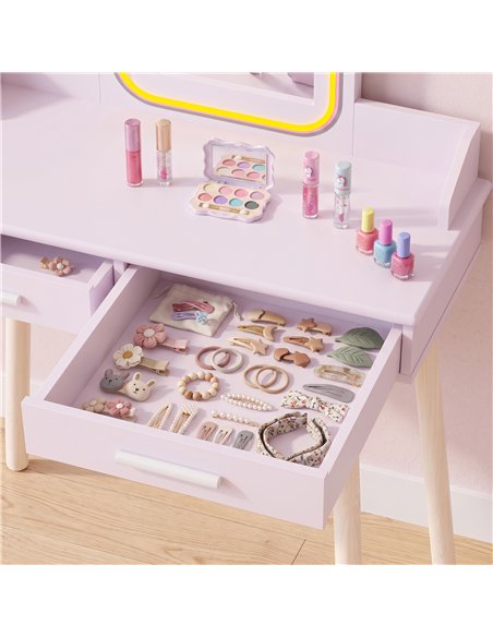 AIYAPLAY Kids Dressing Table, Girls Vanity Set with Stool, 3-Colour LED Lights Mirror, Large Drawer for Ages 3-8, Pink - pic 212118 | FastDaddyshop