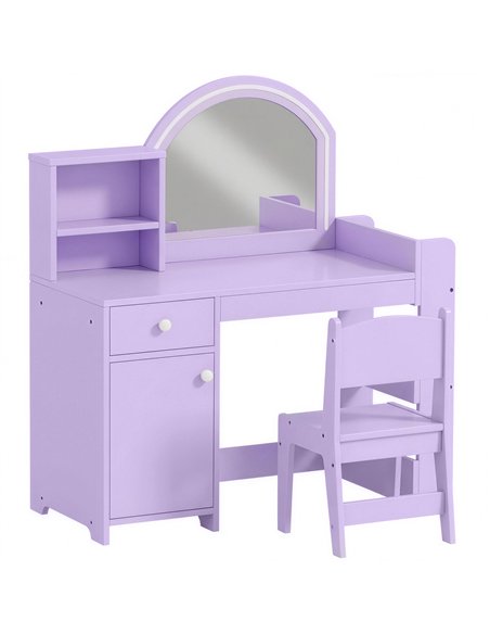 AIYAPLAY Kids Vanity Table and Chair Set, Kids Vanity Table with 2-Colour LED Mirror, Stool, Cabinet, Drawer, Shelves, Purple - pic 212119 | FastDaddyshop