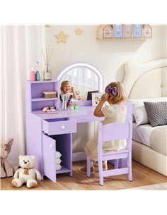 AIYAPLAY Kids Vanity Table and Chair Set, Kids Vanity Table with 2-Colour LED Mirror, Stool, Cabinet, Drawer, Shelves, Purple 2