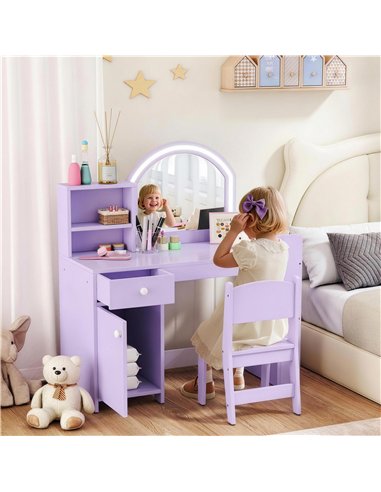 AIYAPLAY Kids Vanity Table and Chair Set, Kids Vanity Table with 2-Colour LED Mirror, Stool, Cabinet, Drawer, Shelves, Purple
