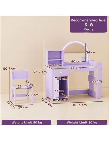 AIYAPLAY Kids Vanity Table and Chair Set, Kids Vanity Table with 2-Colour LED Mirror, Stool, Cabinet, Drawer, Shelves, Purple