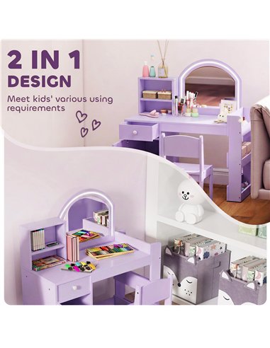 AIYAPLAY Kids Vanity Table and Chair Set, Kids Vanity Table with 2-Colour LED Mirror, Stool, Cabinet, Drawer, Shelves, Purple
