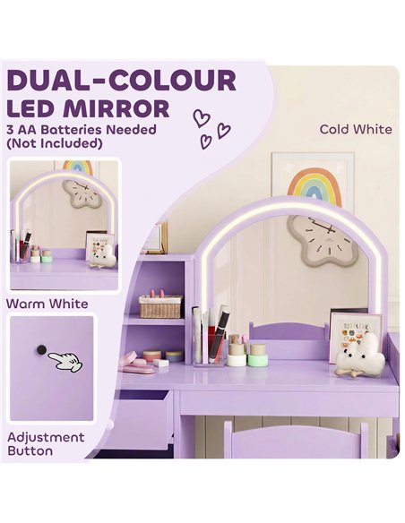 AIYAPLAY Kids Vanity Table and Chair Set, Kids Vanity Table with 2-Colour LED Mirror, Stool, Cabinet, Drawer, Shelves, Purple - pic 212123 | FastDaddyshop