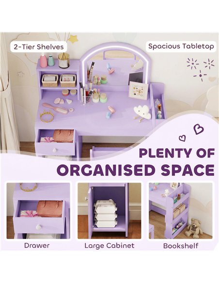 AIYAPLAY Kids Vanity Table and Chair Set, Kids Vanity Table with 2-Colour LED Mirror, Stool, Cabinet, Drawer, Shelves, Purple - pic 212124 | FastDaddyshop