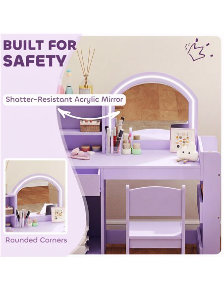 AIYAPLAY Kids Vanity Table and Chair Set, Kids Vanity Table with 2-Colour LED Mirror, Stool, Cabinet, Drawer, Shelves, Purple - pic 212125 | FastDaddyshop