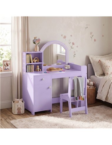 AIYAPLAY Kids Vanity Table and Chair Set, Kids Vanity Table with 2-Colour LED Mirror, Stool, Cabinet, Drawer, Shelves, Purple