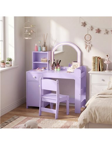 AIYAPLAY Kids Vanity Table and Chair Set, Kids Vanity Table with 2-Colour LED Mirror, Stool, Cabinet, Drawer, Shelves, Purple