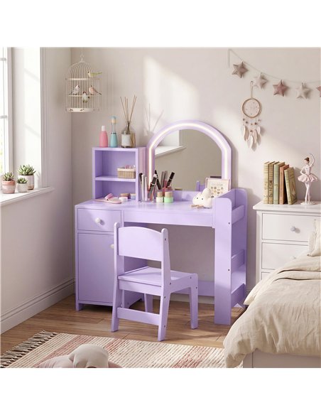 AIYAPLAY Kids Vanity Table and Chair Set, Kids Vanity Table with 2-Colour LED Mirror, Stool, Cabinet, Drawer, Shelves, Purple - pic 212127 | FastDaddyshop