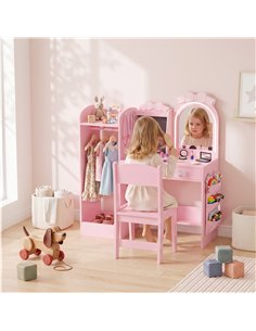 AIYAPLAY Kids Dressing Table, 3-in-1 Kids Vanity Set with Stool, 2-Colour Lights Mirror, Clothes Rack for Ages 3-8, Pink 2