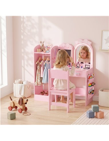 AIYAPLAY Kids Dressing Table, 3-in-1 Kids Vanity Set with Stool, 2-Colour Lights Mirror, Clothes Rack for Ages 3-8, Pink