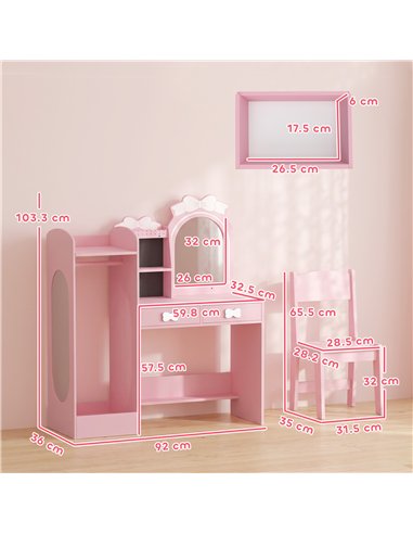 AIYAPLAY Kids Dressing Table, 3-in-1 Kids Vanity Set with Stool, 2-Colour Lights Mirror, Clothes Rack for Ages 3-8, Pink