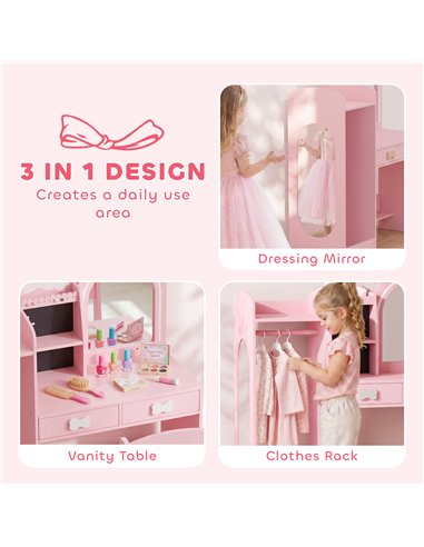 AIYAPLAY Kids Dressing Table, 3-in-1 Kids Vanity Set with Stool, 2-Colour Lights Mirror, Clothes Rack for Ages 3-8, Pink