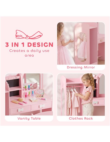AIYAPLAY Kids Dressing Table, 3-in-1 Kids Vanity Set with Stool, 2-Colour Lights Mirror, Clothes Rack for Ages 3-8, Pink - pic 212131 | FastDaddyshop