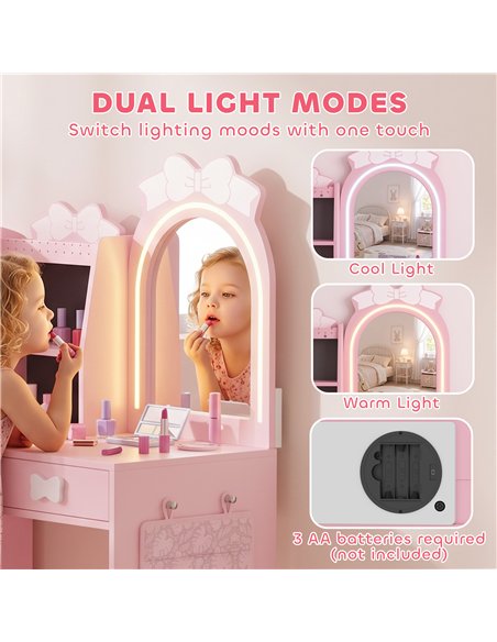 AIYAPLAY Kids Dressing Table, 3-in-1 Kids Vanity Set with Stool, 2-Colour Lights Mirror, Clothes Rack for Ages 3-8, Pink - pic 212132 | FastDaddyshop