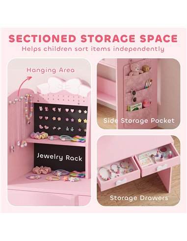 AIYAPLAY Kids Dressing Table, 3-in-1 Kids Vanity Set with Stool, 2-Colour Lights Mirror, Clothes Rack for Ages 3-8, Pink