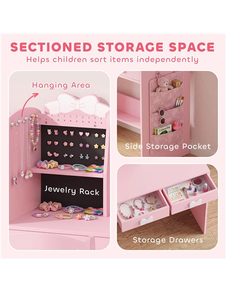 AIYAPLAY Kids Dressing Table, 3-in-1 Kids Vanity Set with Stool, 2-Colour Lights Mirror, Clothes Rack for Ages 3-8, Pink - pic 212133 | FastDaddyshop