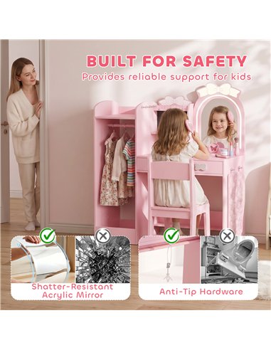 AIYAPLAY Kids Dressing Table, 3-in-1 Kids Vanity Set with Stool, 2-Colour Lights Mirror, Clothes Rack for Ages 3-8, Pink