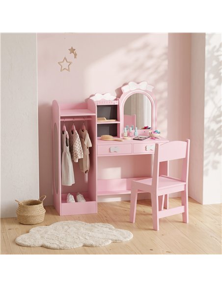 AIYAPLAY Kids Dressing Table, 3-in-1 Kids Vanity Set with Stool, 2-Colour Lights Mirror, Clothes Rack for Ages 3-8, Pink - pic 212135 | FastDaddyshop
