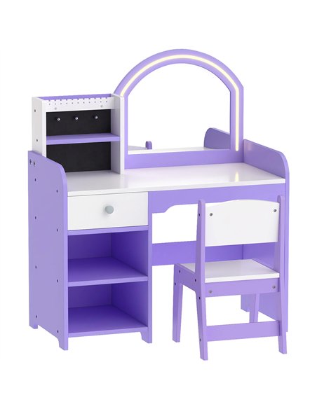 AIYAPLAY Kids Vanity Set, Kids Dressing Table with Stool, 2-Colour Lights Mirror, Pretend Dresser Gift for Ages 3-8, Purple - pic 212137 | FastDaddyshop