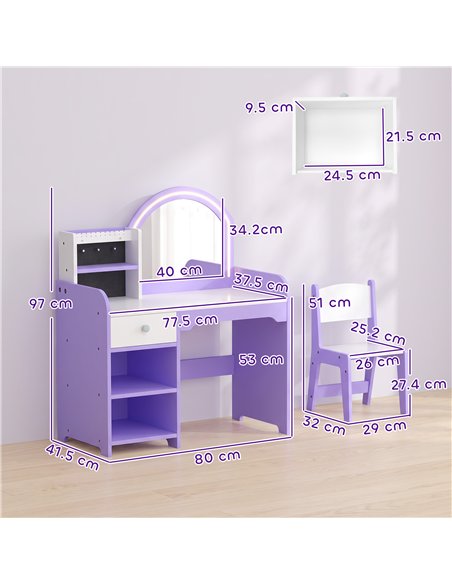 AIYAPLAY Kids Vanity Set, Kids Dressing Table with Stool, 2-Colour Lights Mirror, Pretend Dresser Gift for Ages 3-8, Purple - pic 212139 | FastDaddyshop