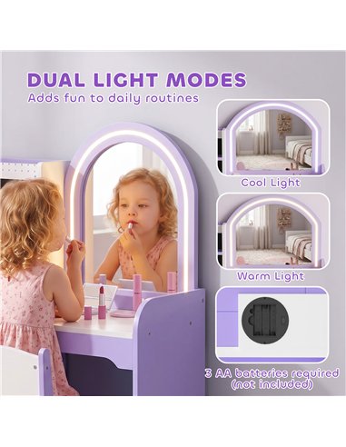AIYAPLAY Kids Vanity Set, Kids Dressing Table with Stool, 2-Colour Lights Mirror, Pretend Dresser Gift for Ages 3-8, Purple