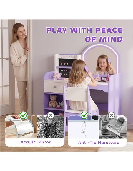 AIYAPLAY Kids Vanity Set, Kids Dressing Table with Stool, 2-Colour Lights Mirror, Pretend Dresser Gift for Ages 3-8, Purple - pic 212142 | FastDaddyshop