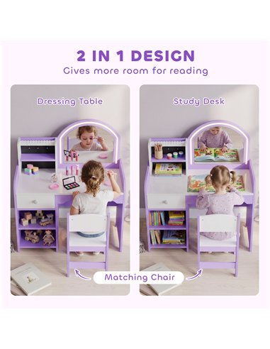 AIYAPLAY Kids Vanity Set, Kids Dressing Table with Stool, 2-Colour Lights Mirror, Pretend Dresser Gift for Ages 3-8, Purple